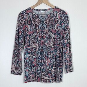 J Jill Womens Henley Top Size M Petite Blue Paisley Empire Waist Long Sleeve